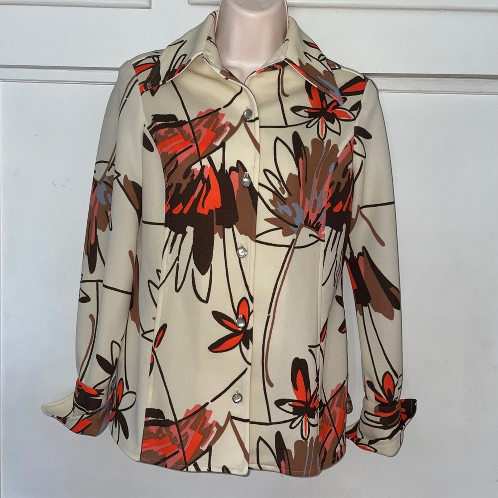Vintage 70s Floral Dagger Collar polyester Button up Blouse beige Brown Sz 8